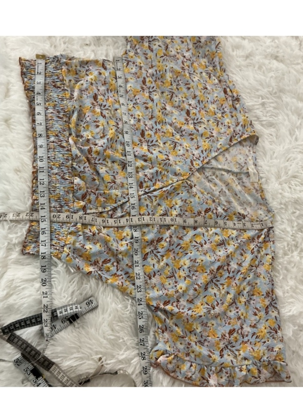 Melloday Floral Wrap Blouse 1X Blue Yellow Smocked Waist Flutter Sleeve - Picture 8 of 13